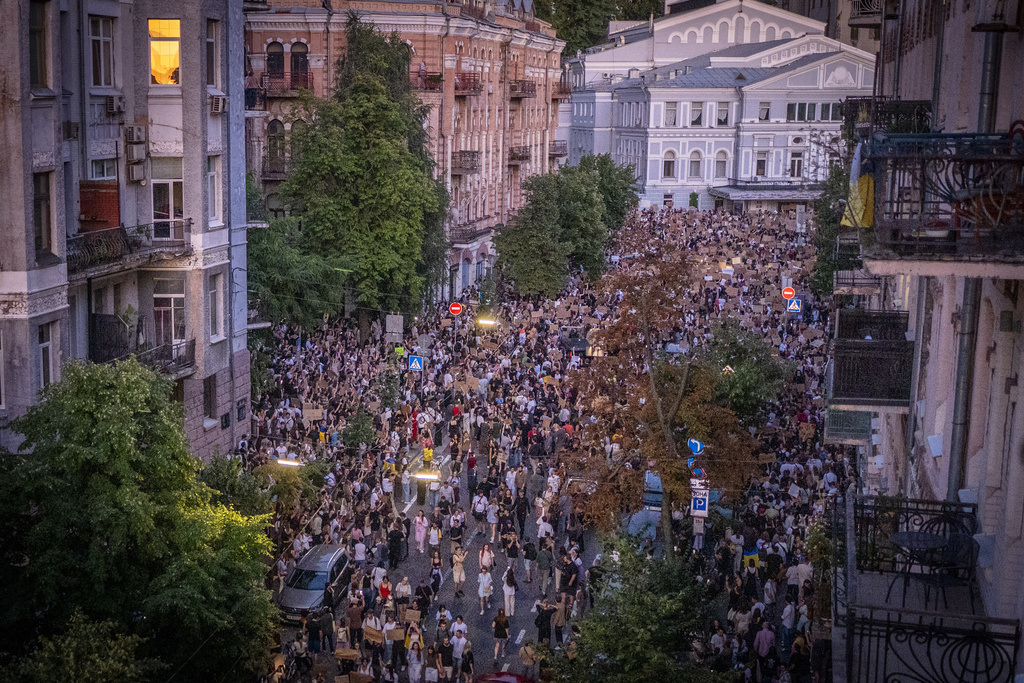 Thousands of people protest against a law targeting anti-corruption institutions near the president's office in Kyiv, Ukraine, on July 23, 2025.