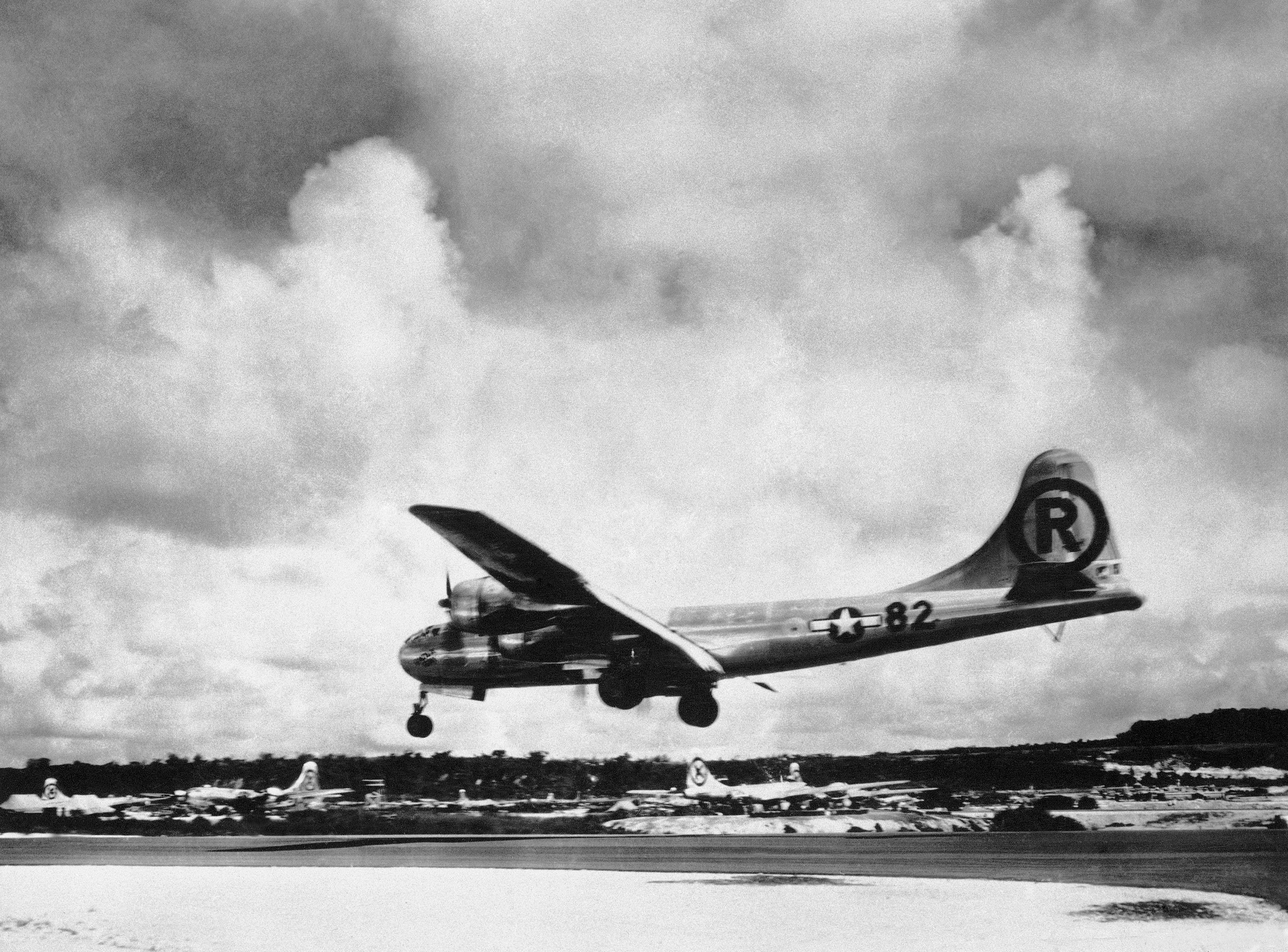 The Enola Gay lands at Tinian after dropping the atomic bomb on Hiroshima, Japan, on Aug. 6, 1945.